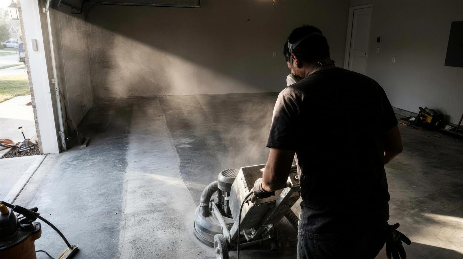 Worker operating a diamond grinder on a concrete slab, dust visible in side light