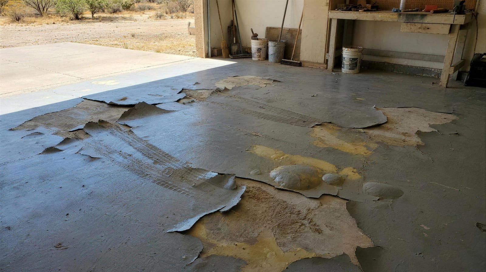 Peeling, yellowed epoxy garage floor coating lifting from the slab
