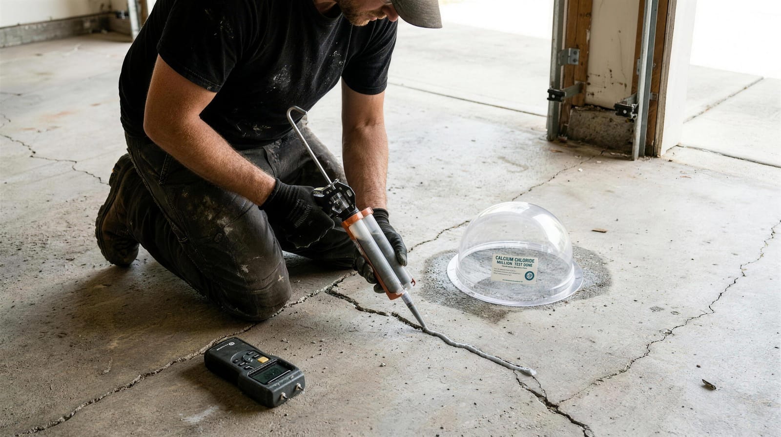 A crack in a concrete slab being filled with polyurea repair compound, a moisture test dome nearby