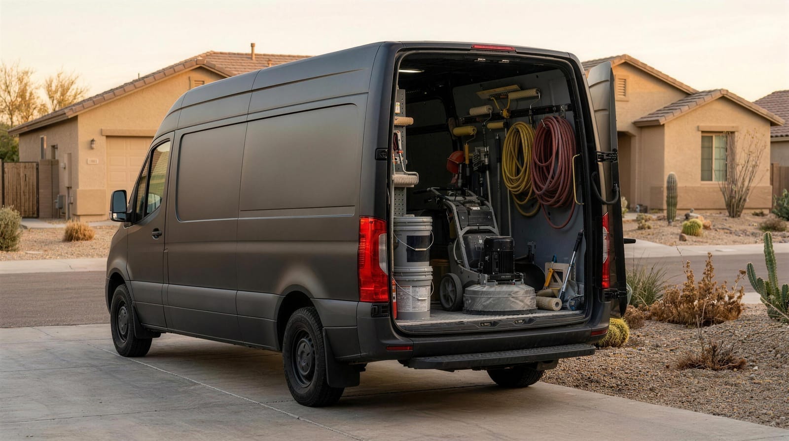 Black work van with rear doors open, showing concrete grinding and coating equipment