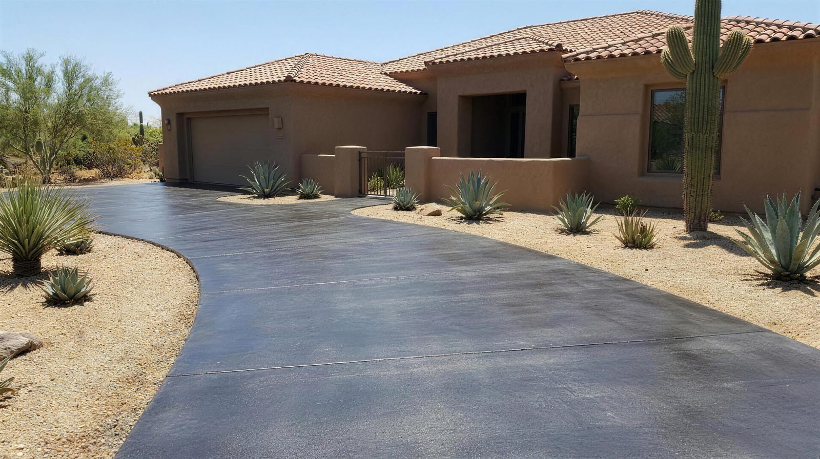 Charcoal stained and sealed concrete driveway leading to a stucco home with desert landscaping