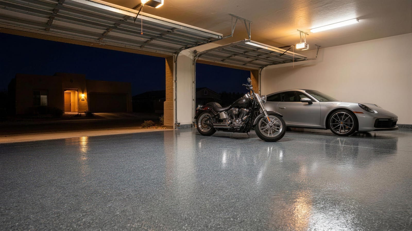 Gray flake polyaspartic garage floor at night reflecting overhead lighting, with a motorcycle and sports car parked inside