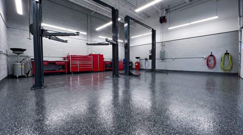 Charcoal and gray flake polyaspartic floor in an auto shop bay with a two-post lift