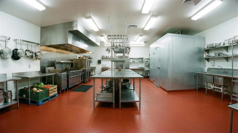 Terracotta urethane cement floor with an integral cove base in a commercial kitchen