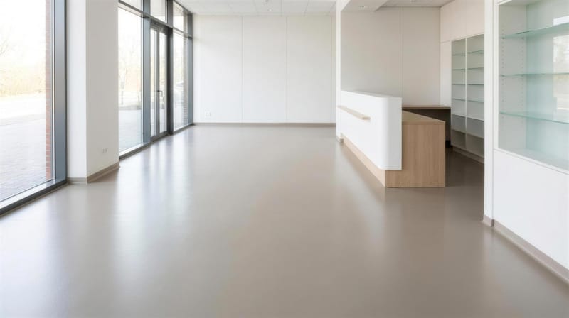 Warm gray solid-color satin polyaspartic floor in a bright office reception area