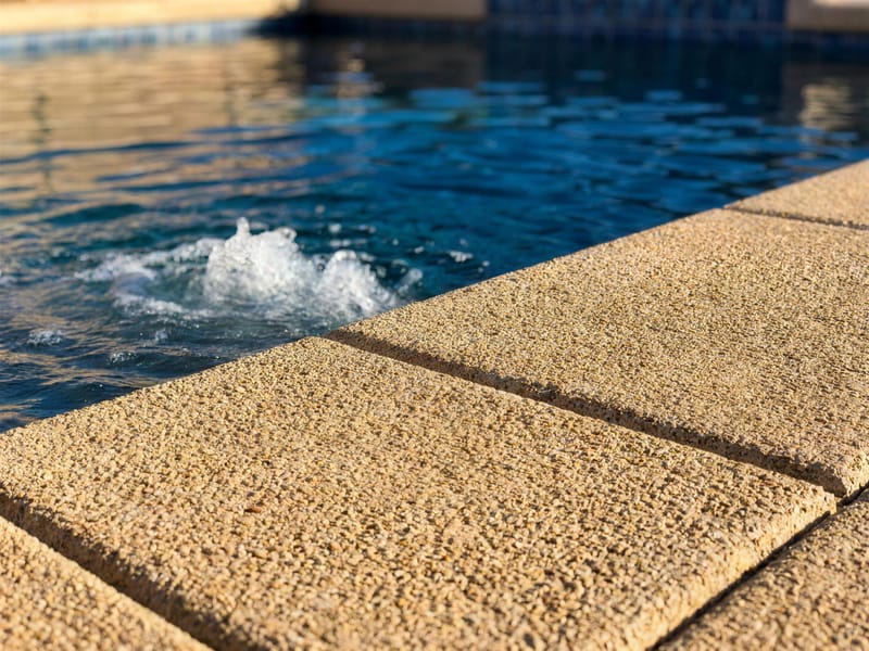 Close-up of a sand-colored textured pool deck coating at the water’s edge