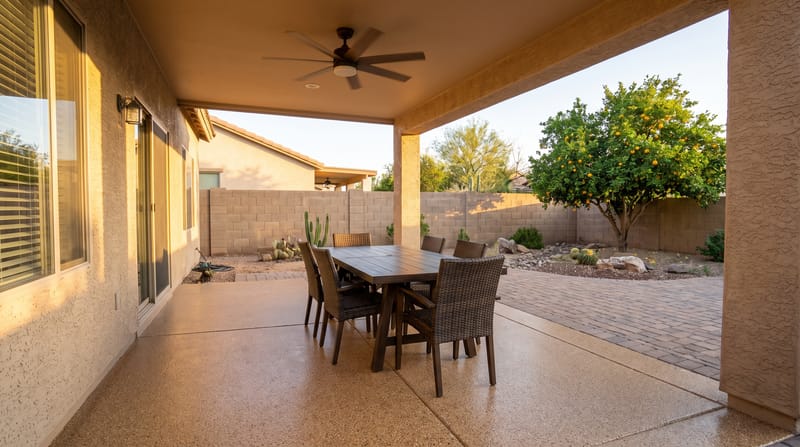 Tan and brown flake polyaspartic floor on a covered back patio with outdoor dining furniture