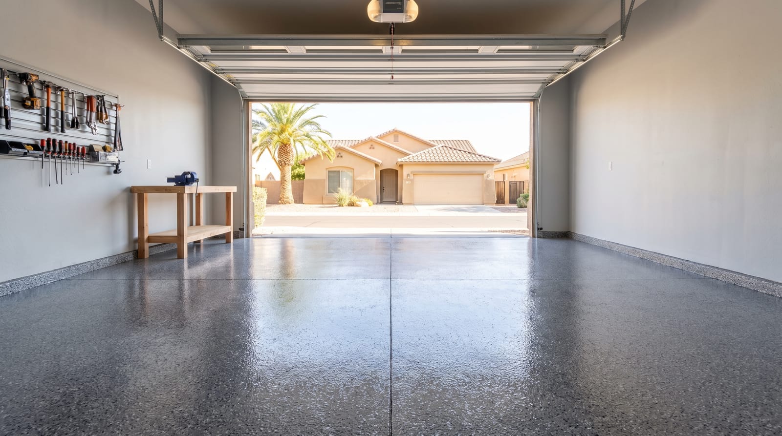 Gray full-flake polyaspartic two-car garage floor with a high-gloss topcoat, garage door open to daylight