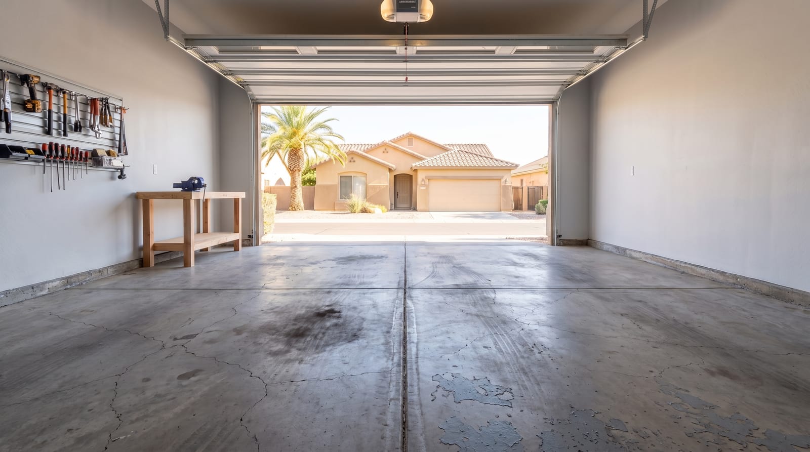 The same two-car garage with bare, oil-stained, cracked concrete before coating