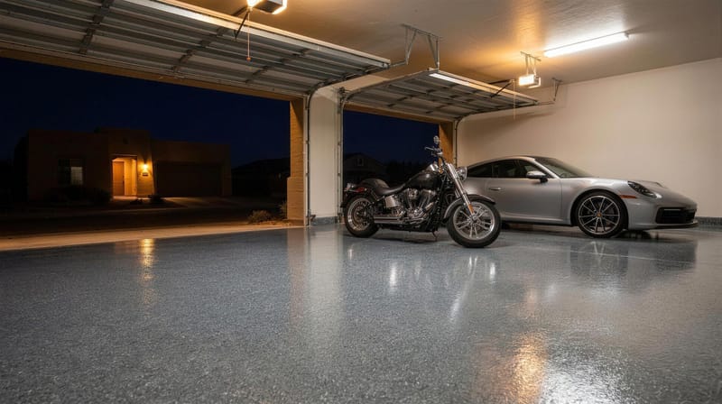Gray flake polyaspartic garage floor at night reflecting the overhead lights, with a motorcycle and a car parked