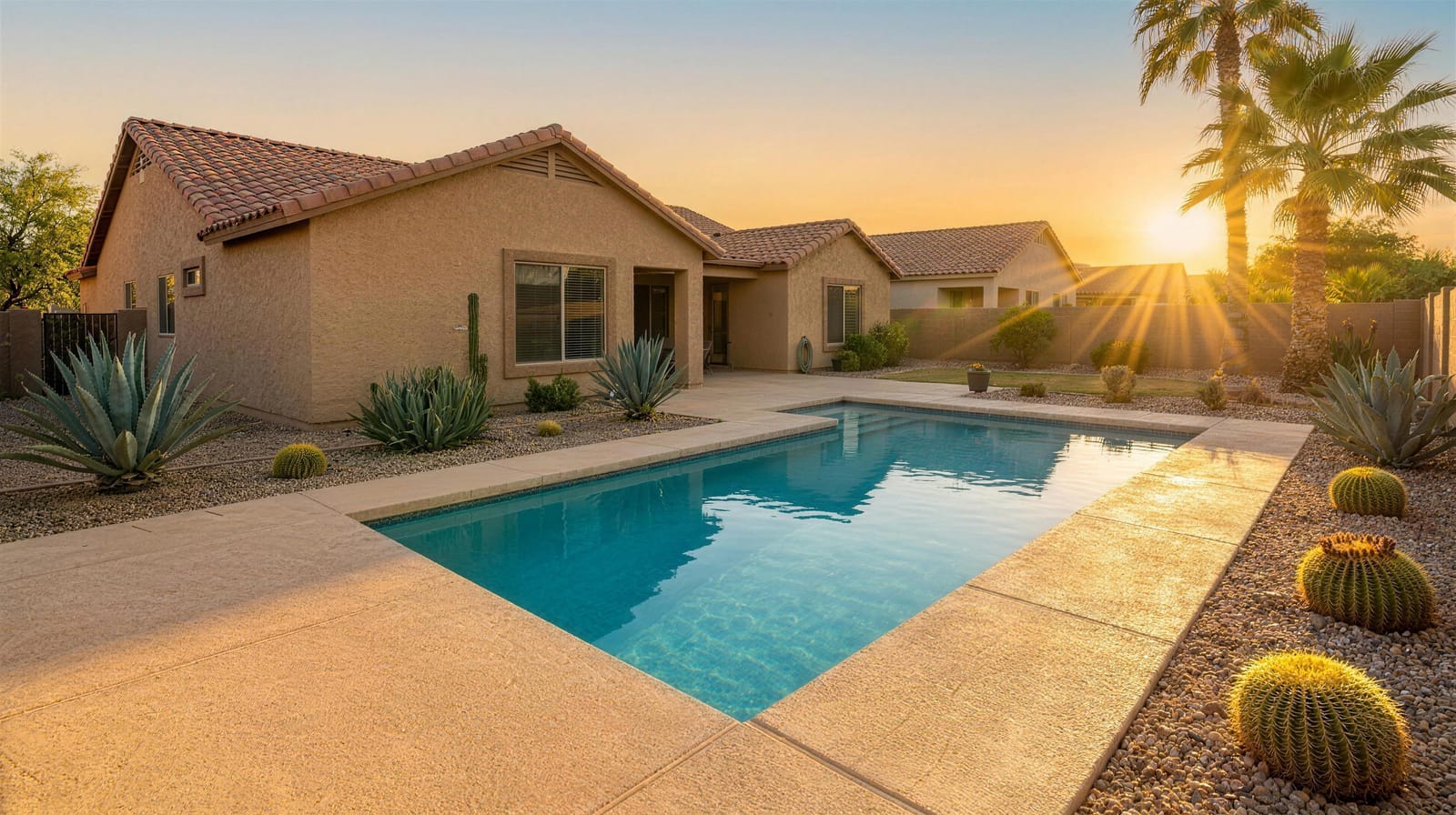 Sand-colored textured slip-resistant coating on a backyard pool deck