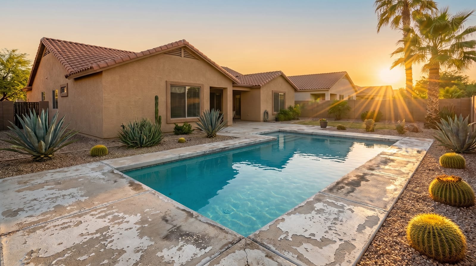 The same pool deck with worn, cracked, peeling concrete before coating