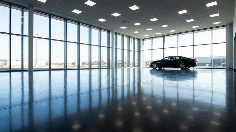 Mirror-gloss polished concrete floor in a car showroom reflecting floor-to-ceiling windows