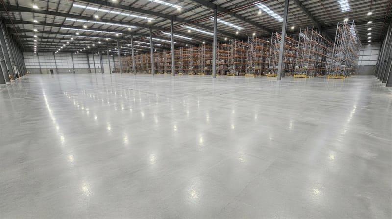 Satin polished concrete floor stretching down a distribution warehouse