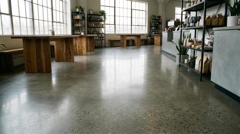 Polished concrete floor with exposed aggregate in a coffee shop with wood tables