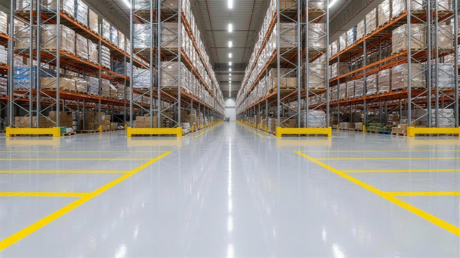 Light gray high-build epoxy warehouse floor with yellow safety line striping between pallet racks