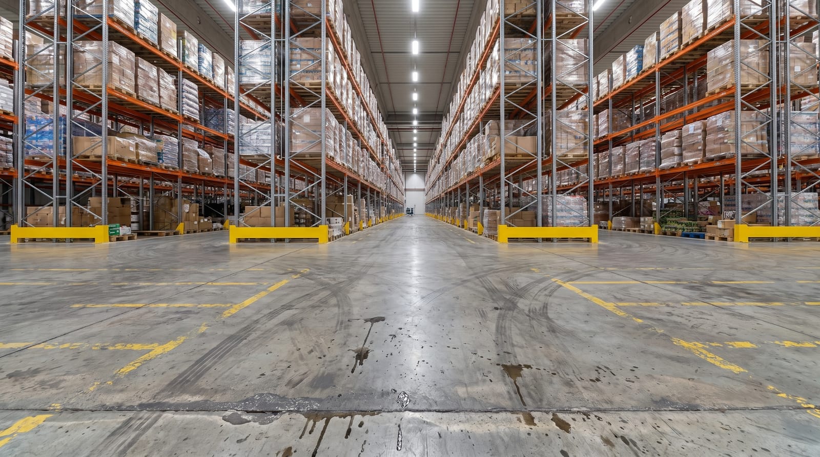 The same warehouse aisle with scuffed, oil-stained bare concrete and worn line paint